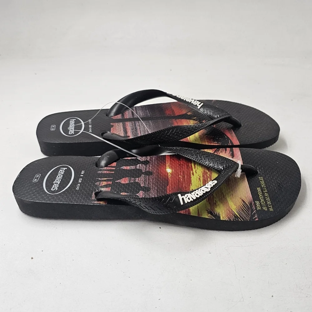 Havaianas Hype Sunset Graphic Flip Flops Black Rubber Sandals Sz 8